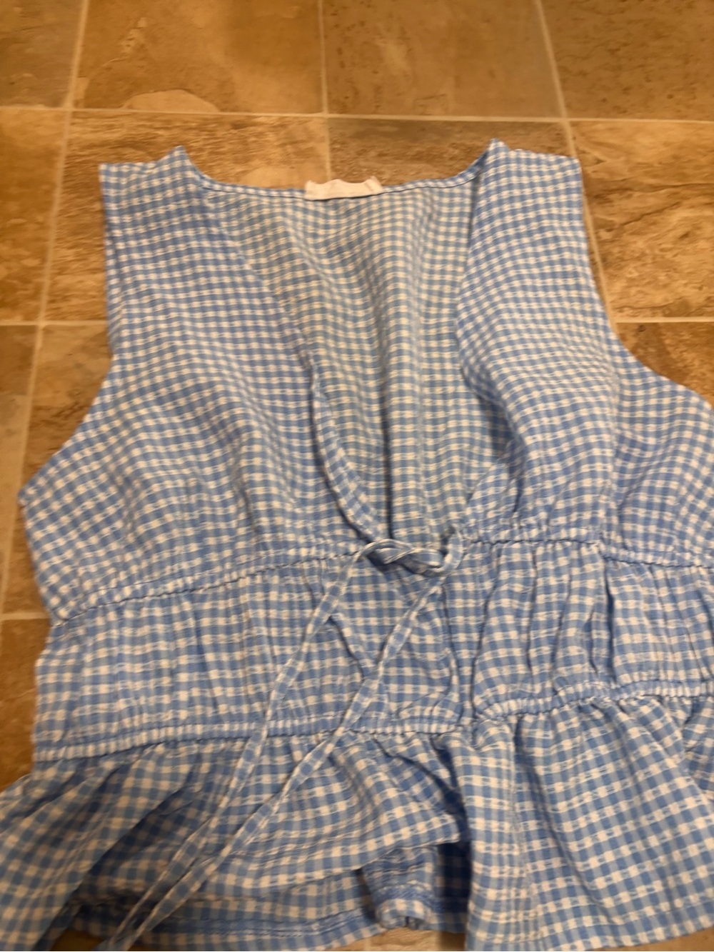 Blue Gingham Sleeveless Tie-Waist Peplum Top